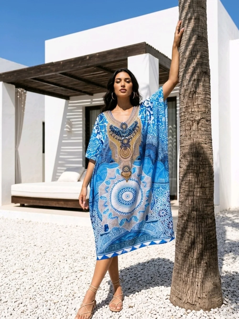 Mediterranean Blue Embellished V-Neck Swim Coverup